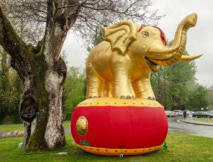 Golden inflatable elephant on a red base next to a tree